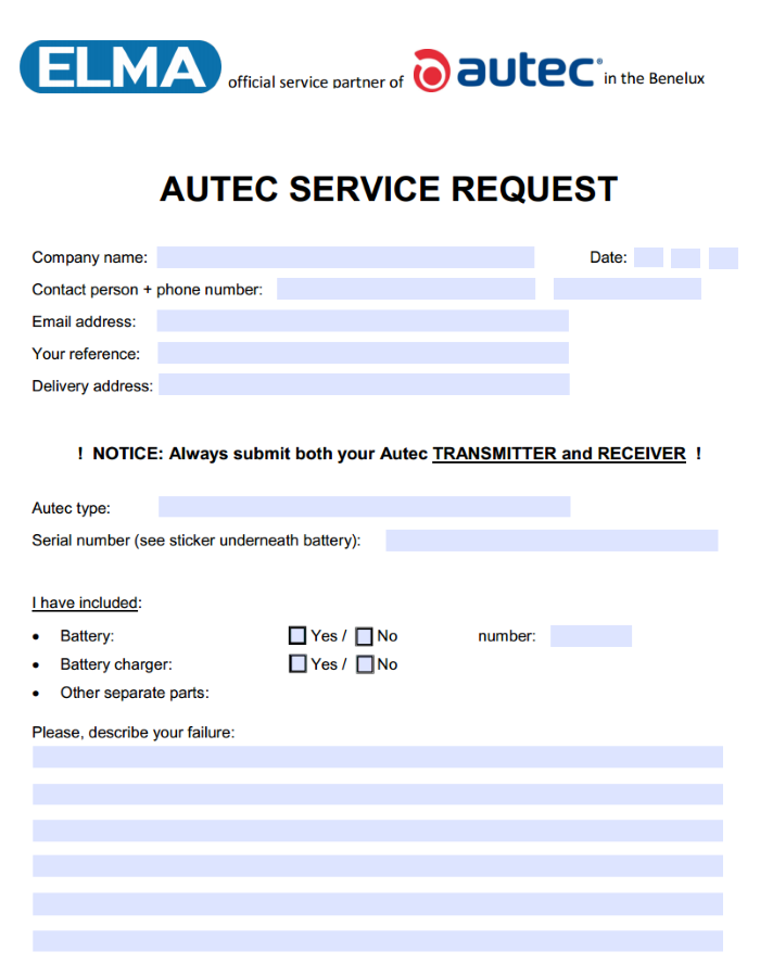 autec service request, autec repair form